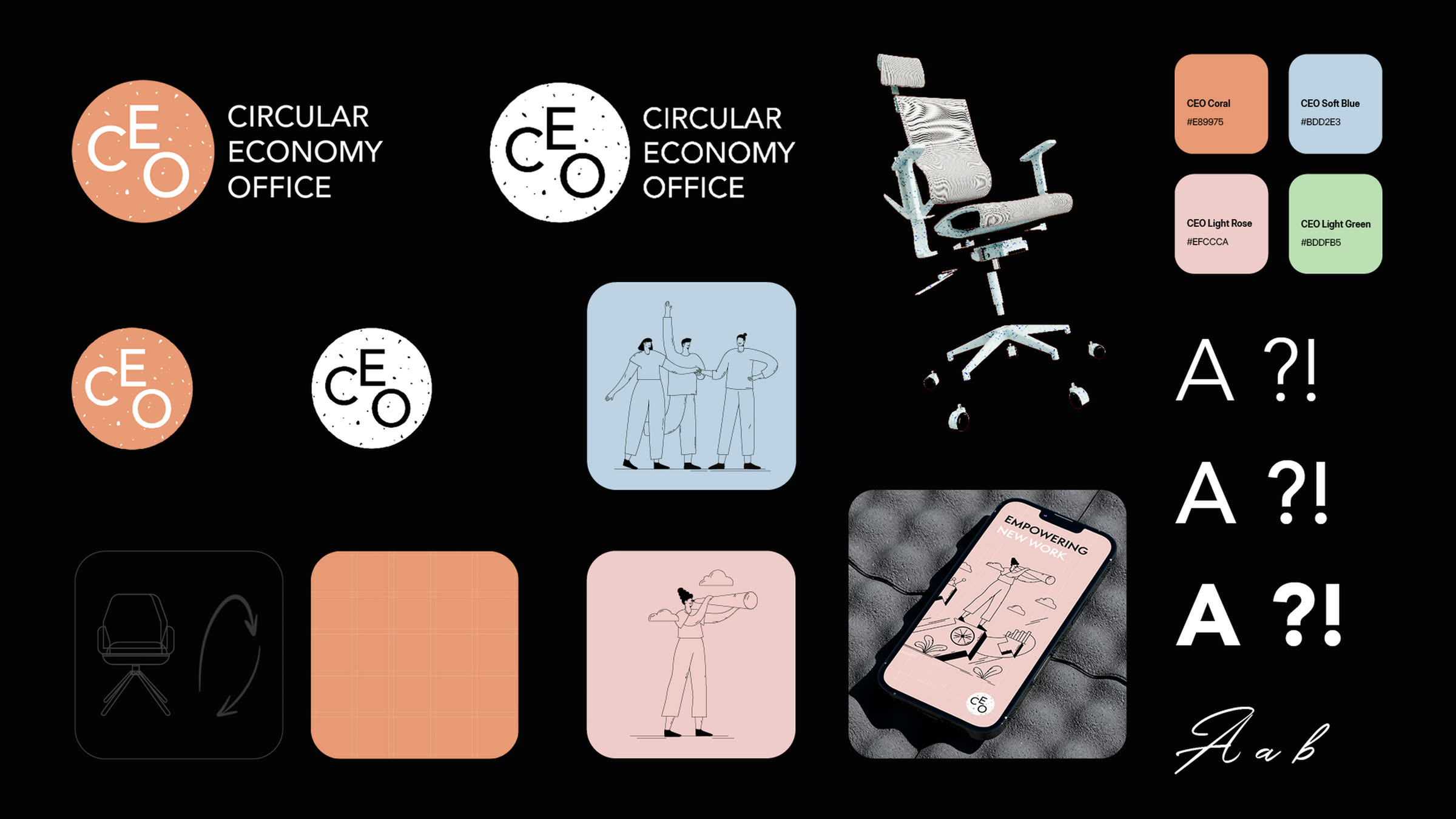 CEO brand styleguide, wordmark variants, exploded office chair key visual, colour palette, typography and illustration system
