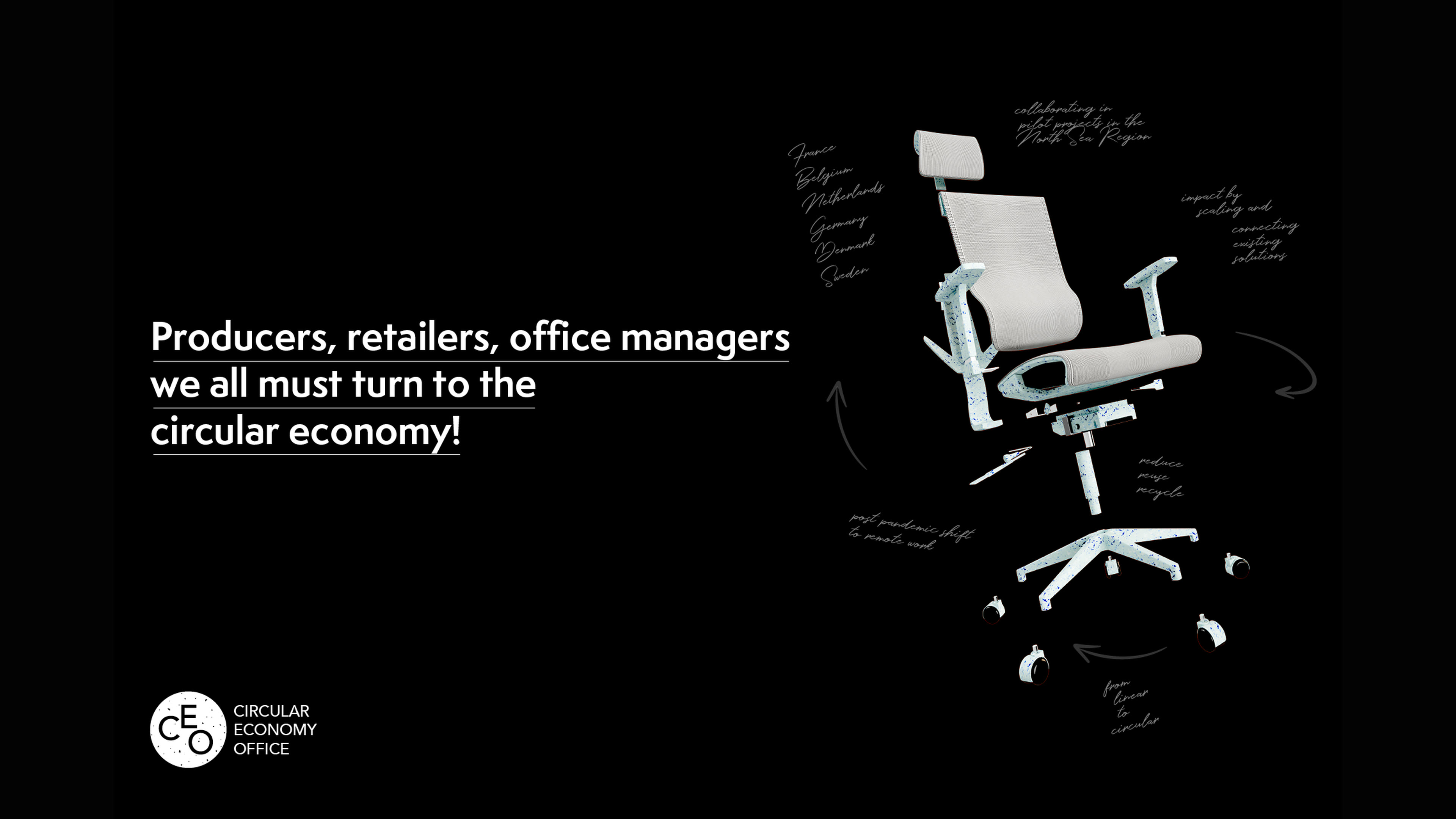 CEO key visual, claim on the left, exploded 3D chair parts on the right