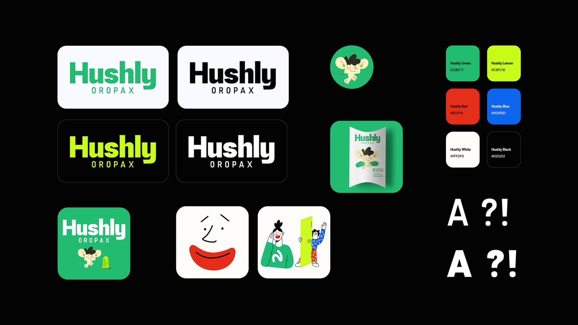 Hushly Oropax visual system, four wordmark lockups, green signet with mascot, mascot illustrations, six brand colours and the PP Fuji typeface
