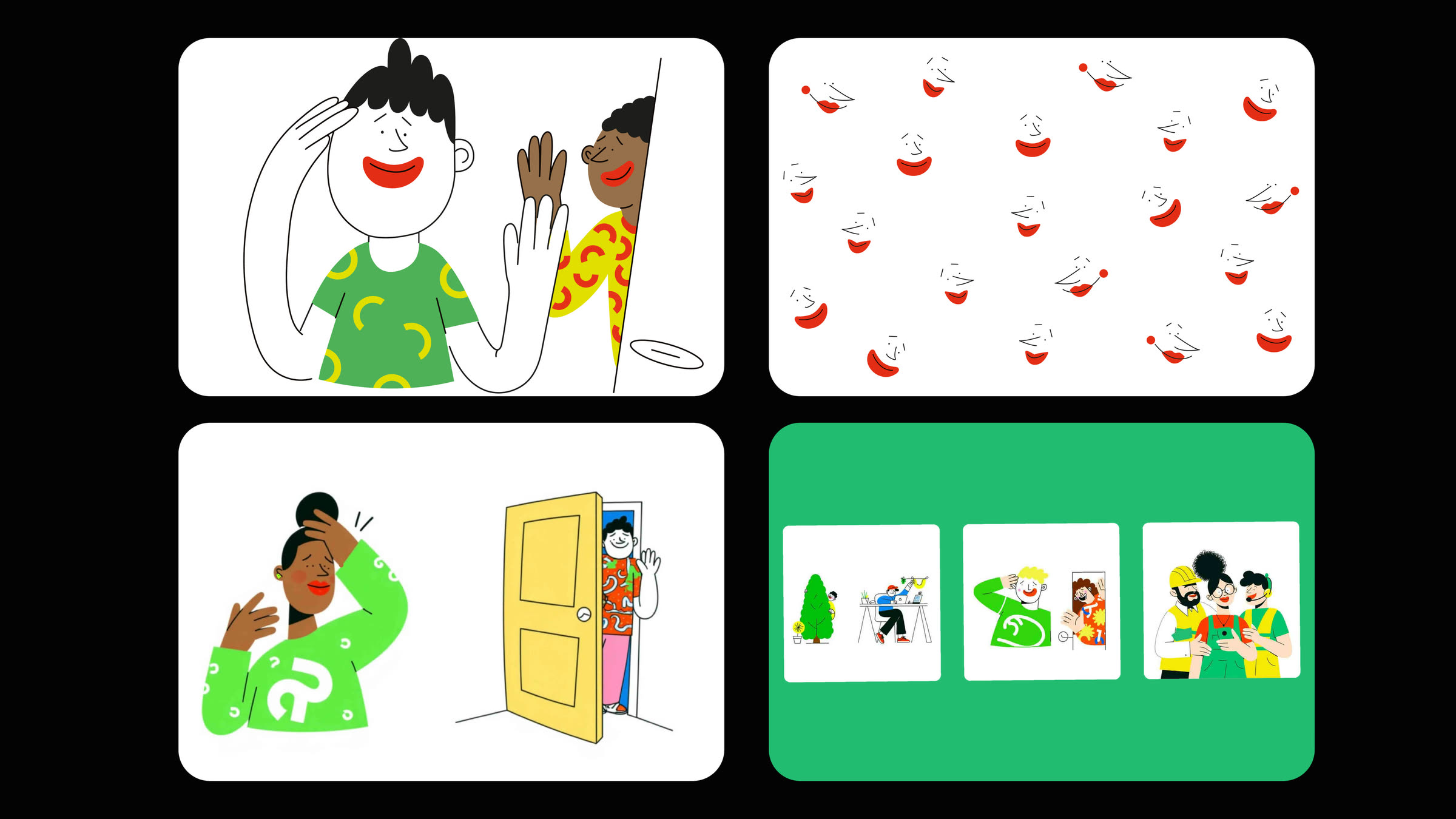 Hushly Oropax motion system, four scenes including the mascot greeting, a confetti of noise faces, a stressed character peeking through a door and a green panel with three small neighbour-scene illustrations