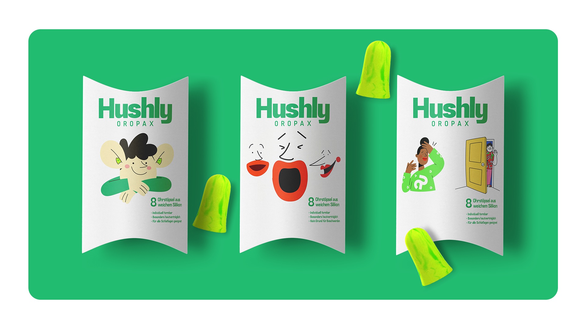 Hushly Oropax three packshots in a row on Hushly Green, mascot variants with two soft silicone earplugs