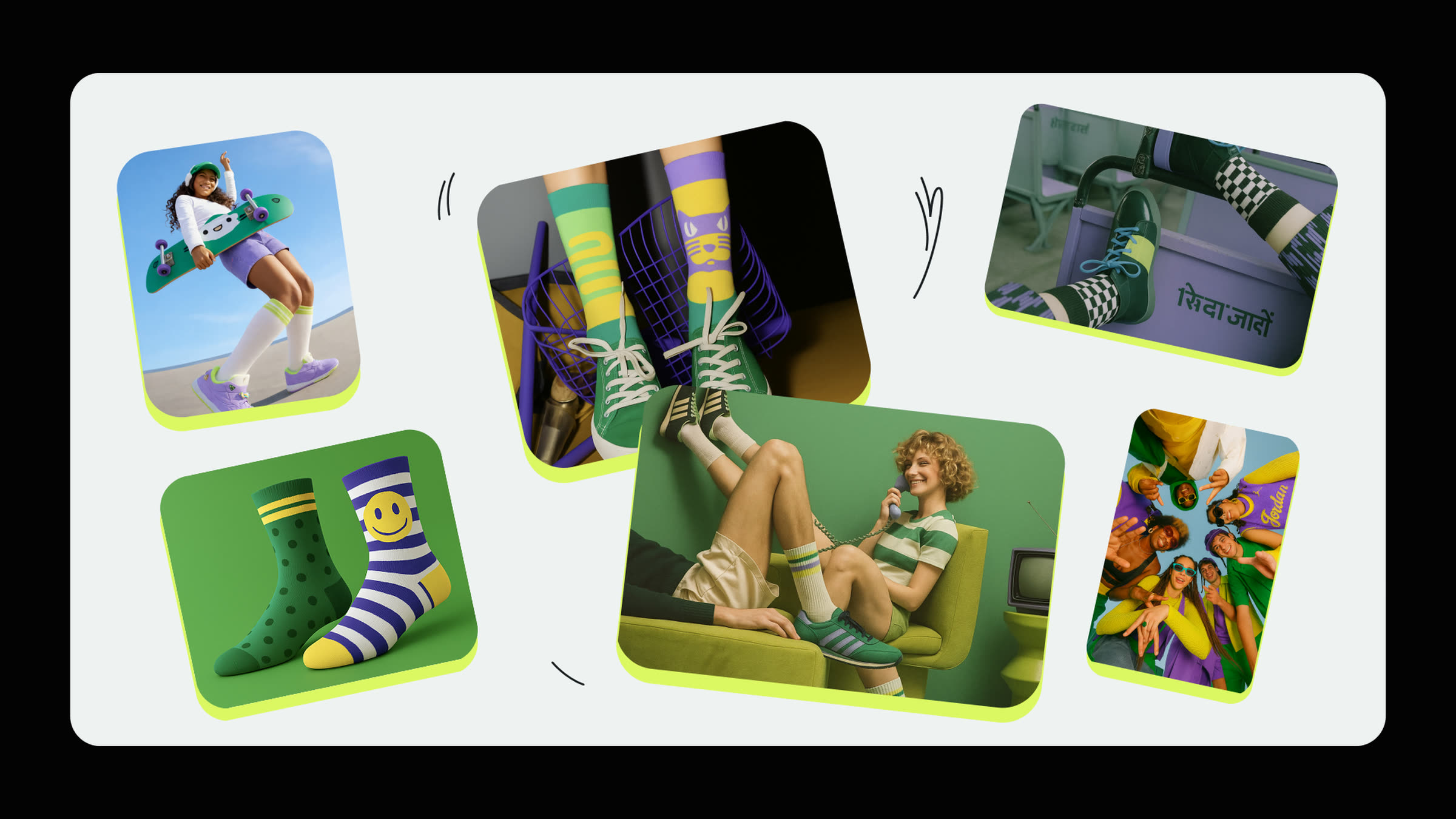 ODD SOCKS CLUB look & feel moodboard, skater girl, smiley socks, group photography, green and lavender colour direction