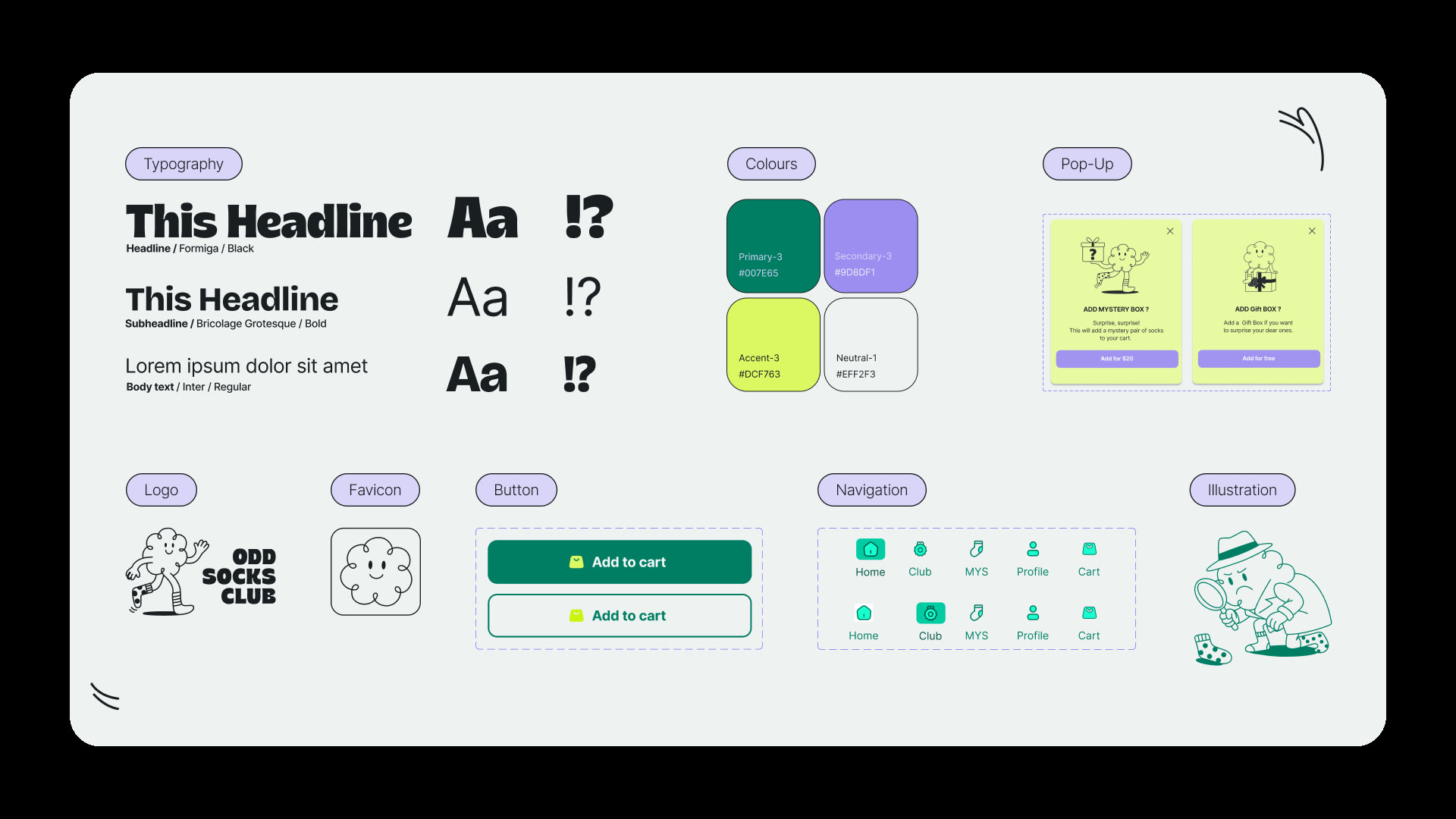 ODD SOCKS CLUB styleguide, typography, colour palette, logo, favicon, buttons, navigation states, pop-ups and illustration