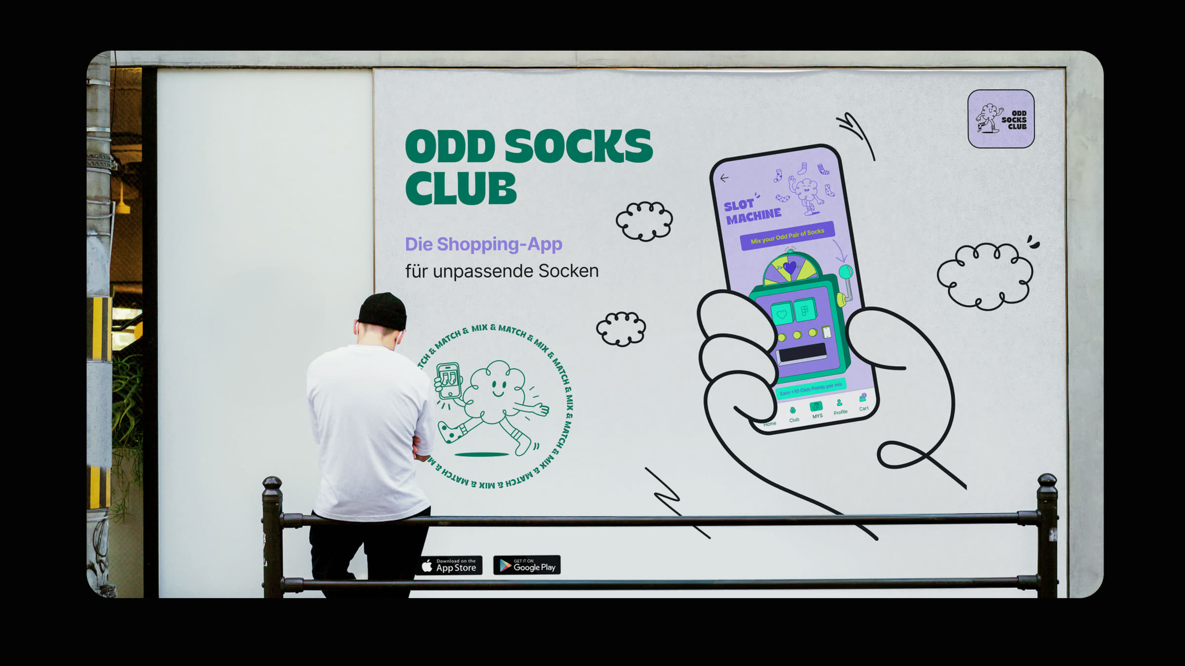 ODD SOCKS CLUB OOH placement, outdoor billboard with the ODD SOCKS character for the shopping app for mismatched socks