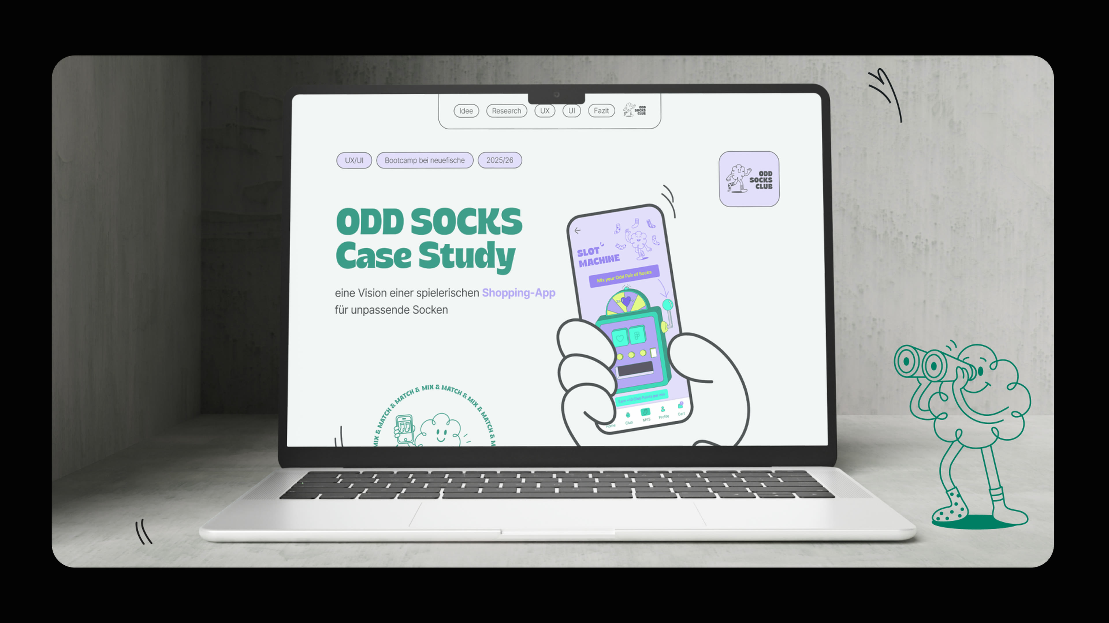 ODD SOCKS CLUB case study page on MacBook, landing scene with character and slot machine