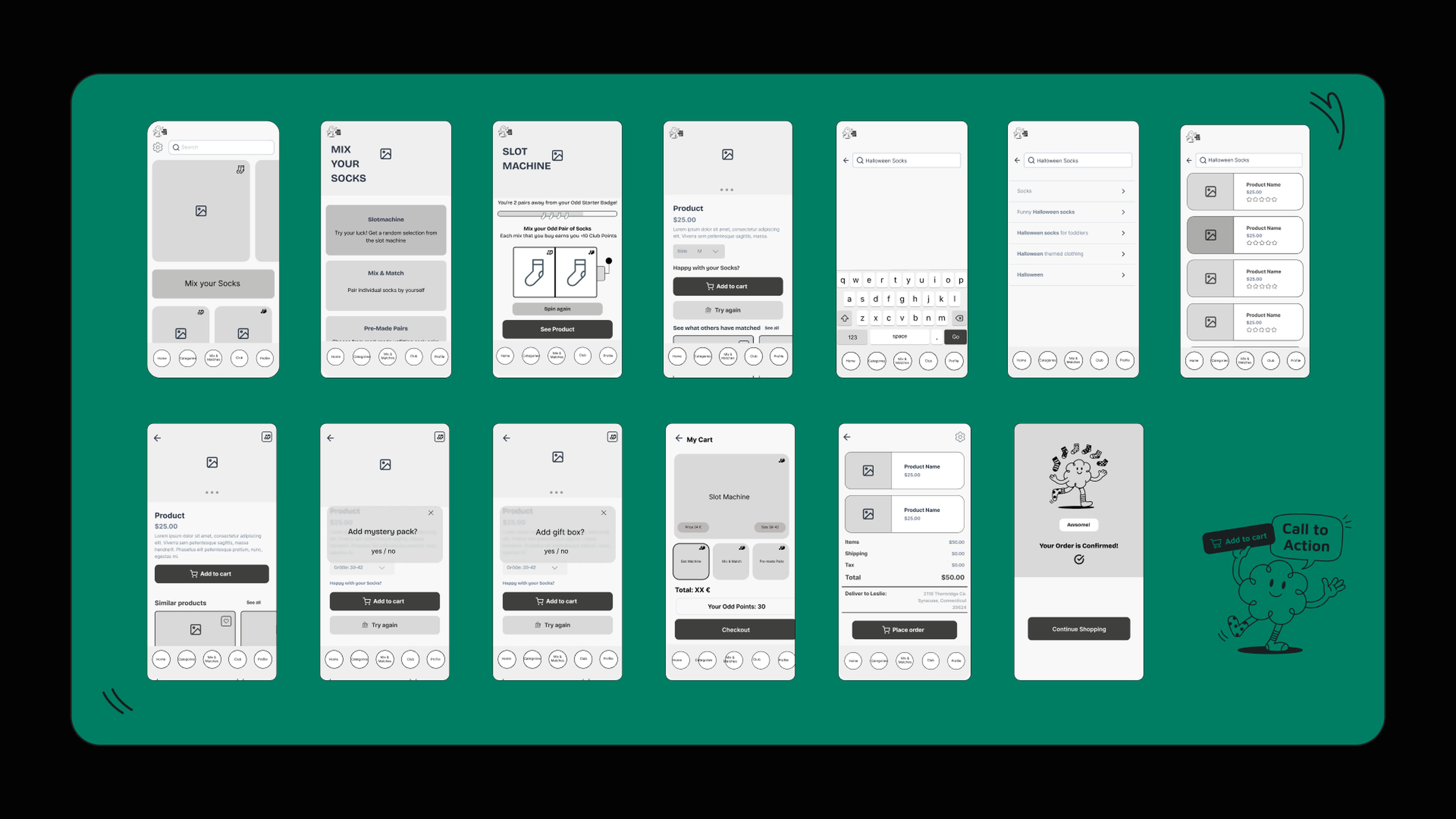 ODD SOCKS CLUB low-fidelity wireframes, fourteen mobile screens covering Mix Your Socks, Slot Machine, product, search, cart, checkout and confirmation