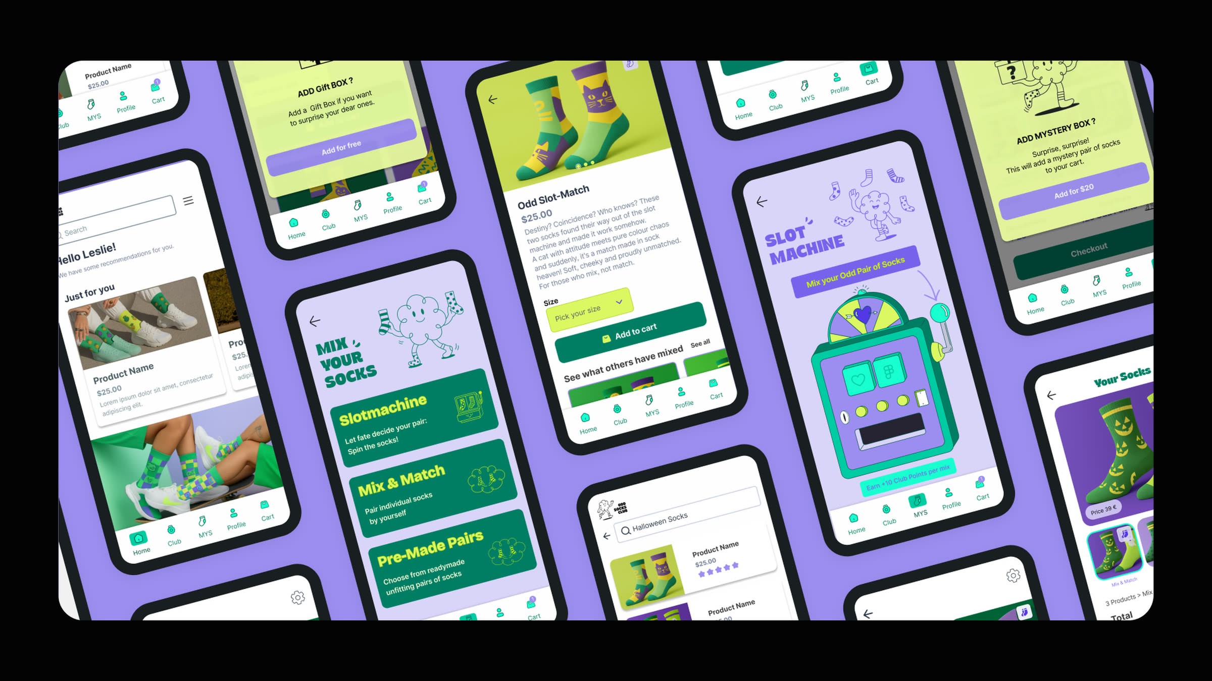 ODD SOCKS CLUB high-fidelity wireframes in 3D perspective, Slot Machine, Mix Your Socks, Odd Slot-Match, Mystery Box, Gift Box, Halloween Socks search, Your Socks and Cart