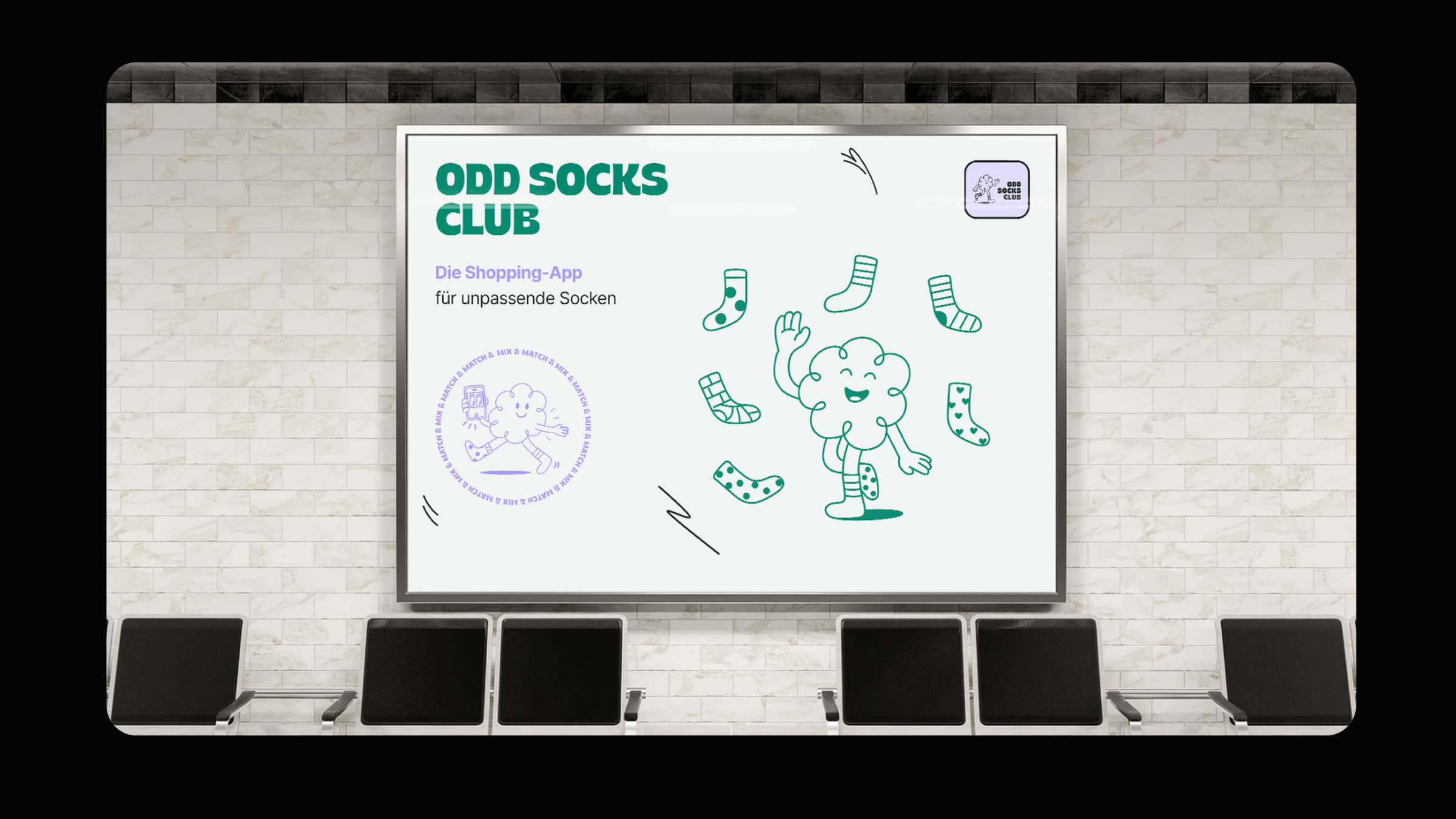 ODD SOCKS CLUB OOH subway poster, white billboard with character and floating socks