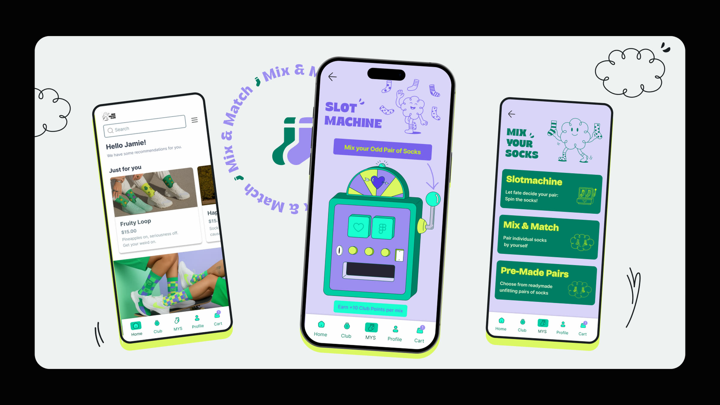 ODD SOCKS CLUB app key visual, three upright phone mockups: Home with Hello Jamie, Slot Machine with character and Mix Your Socks category list