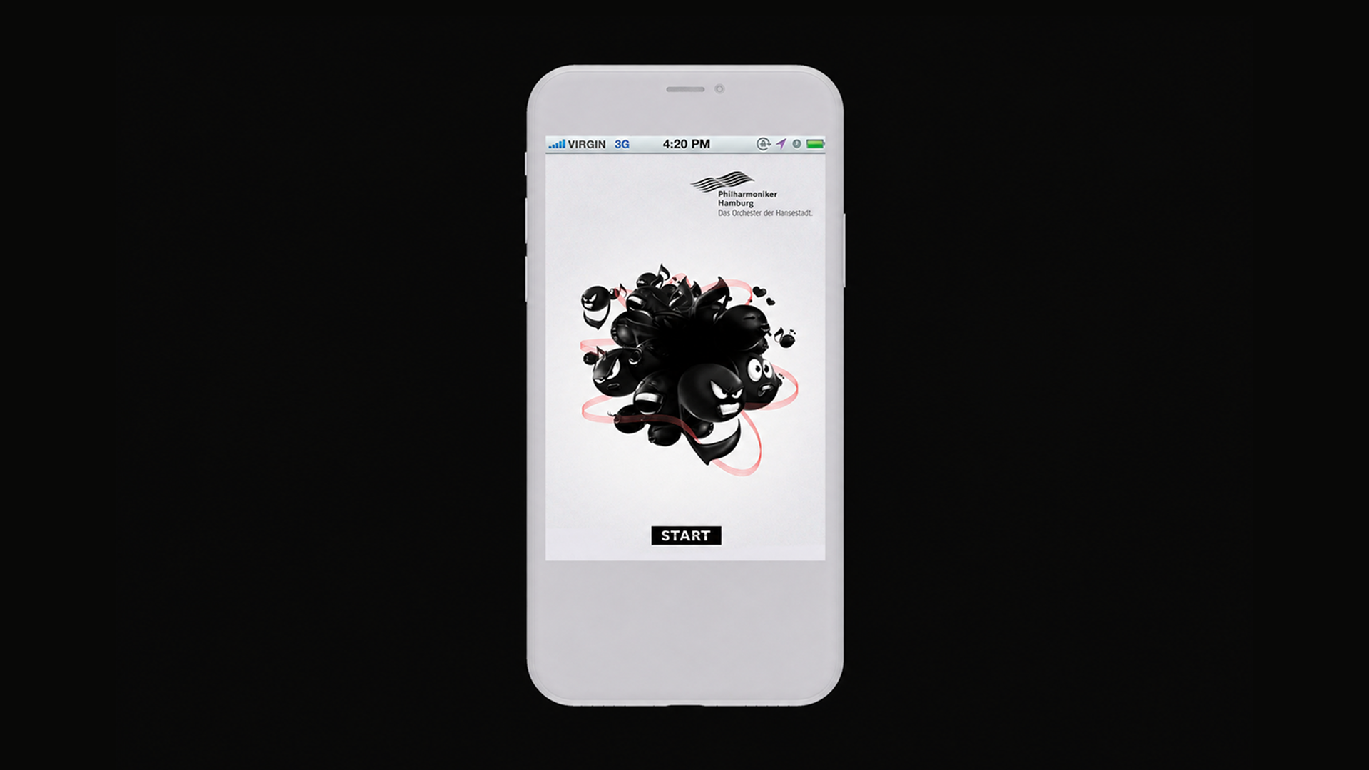 Acousticons app start screen on iPhone, character cluster with red ribbons in front of the Philharmoniker Hamburg logo