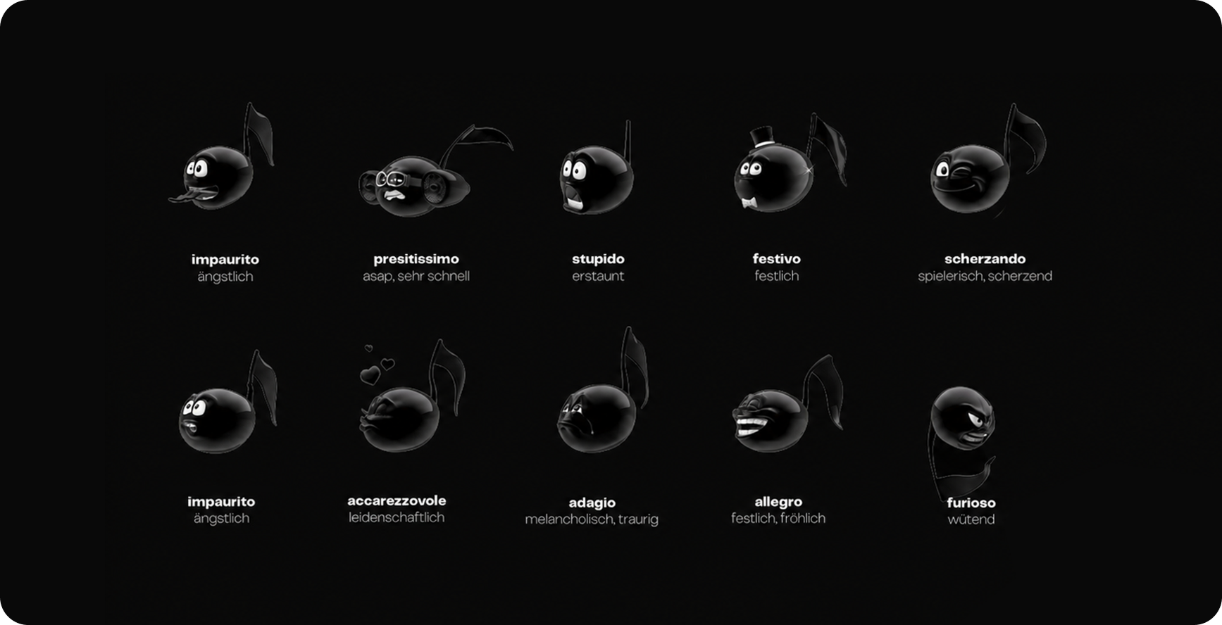 Acousticons character overview, ten glossy black music note characters labelled impaurito, prestissimo, stupido, festivo, scherzando, accarezzevole, adagio, allegro, furioso