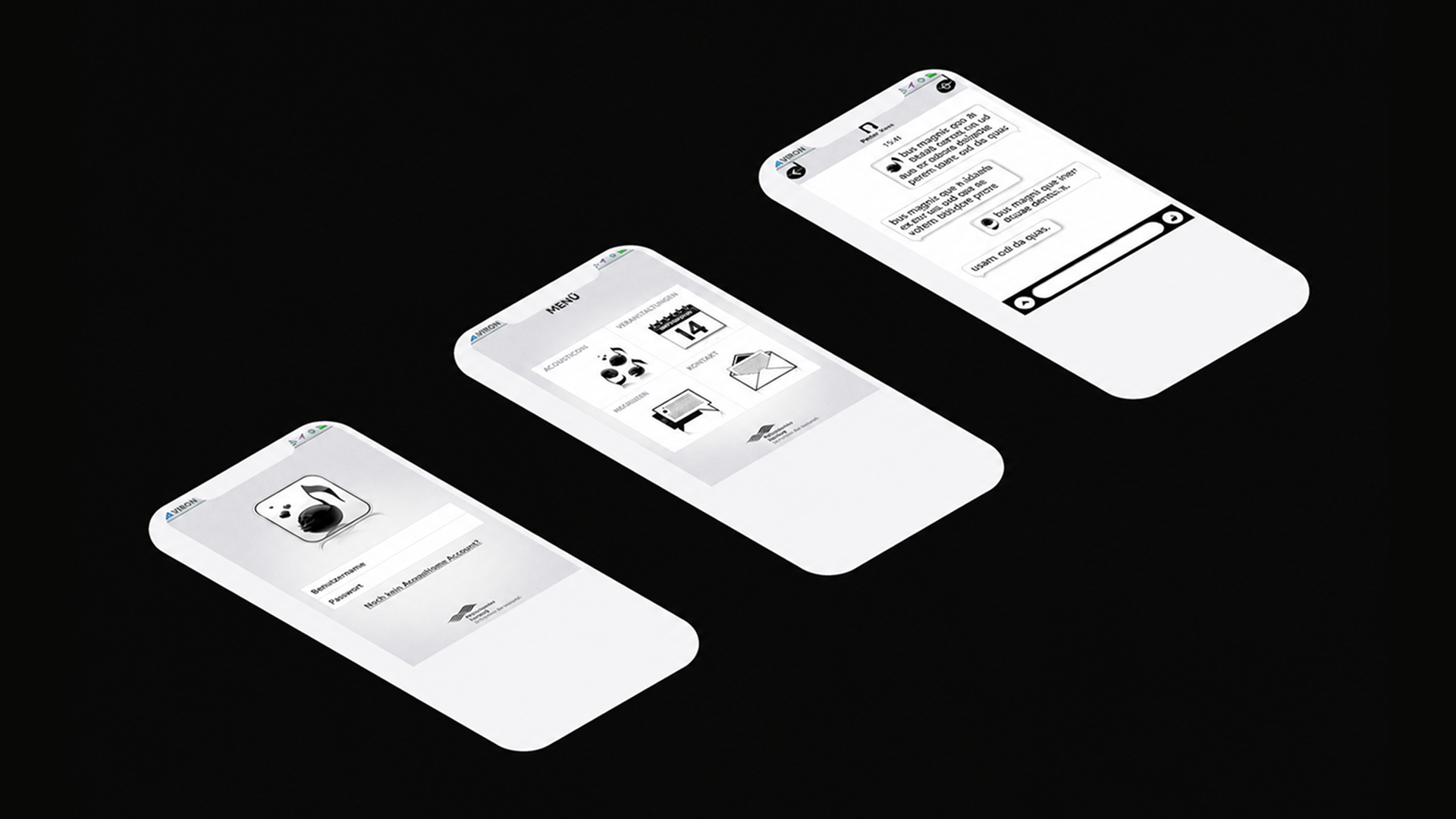 Acousticons app screens, login, menu and chat view with Acousticons attached