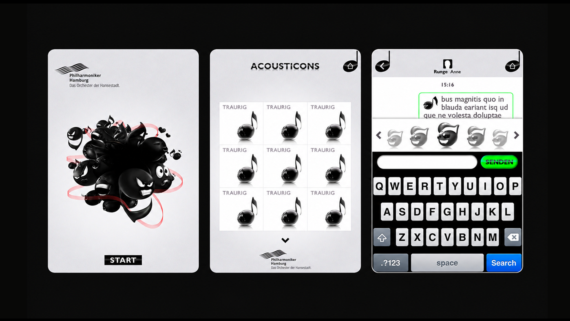 Acousticons messenger UI, chat with selectable Acousticons row and keyboard