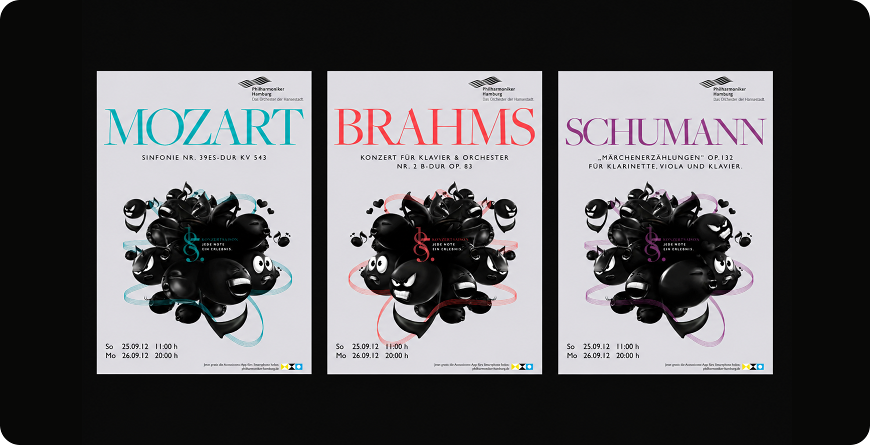 Acousticons concert poster series for Mozart, Brahms and Schumann, each composer in their own colour with the Acousticons character cluster