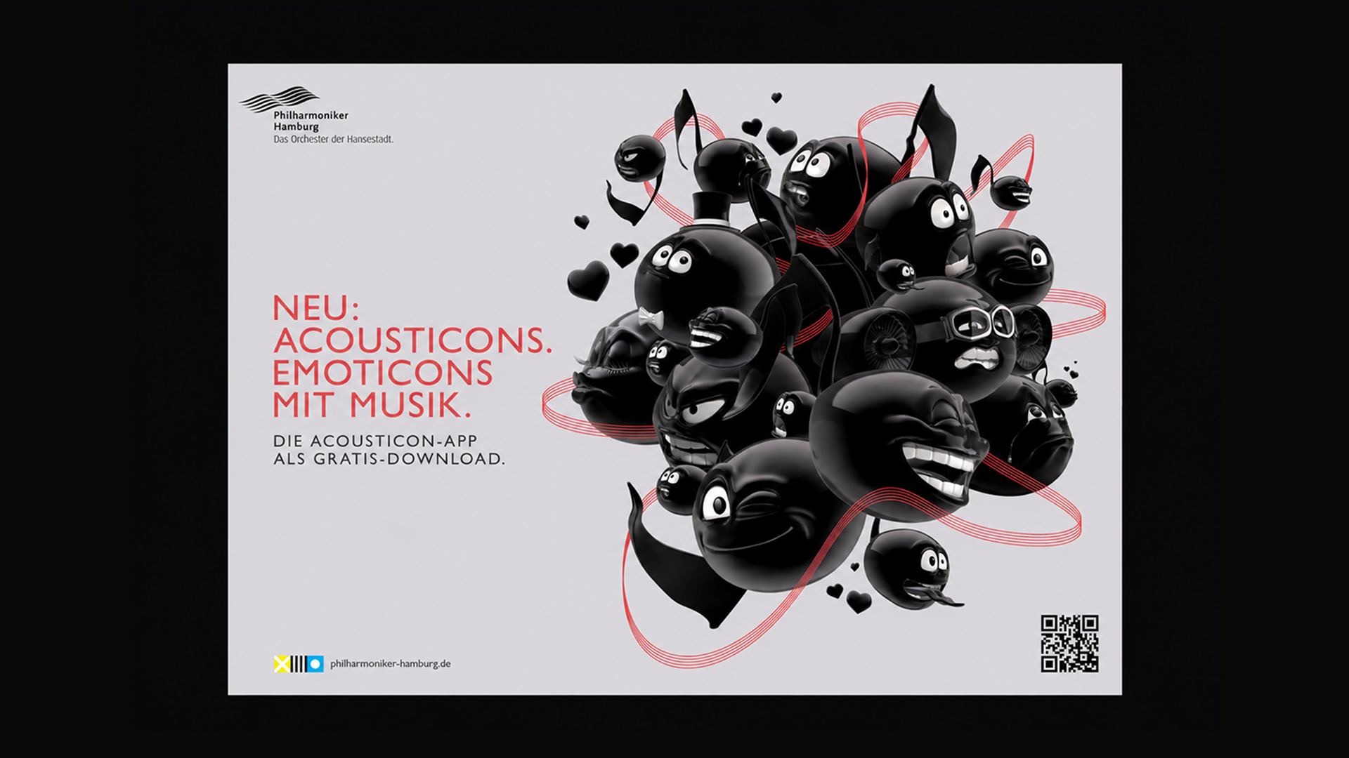 Acousticons out of home ad, character cluster with QR code linking to the free app download