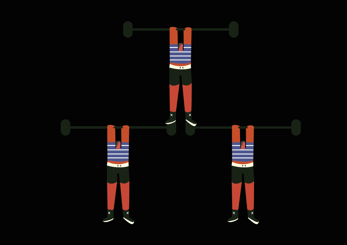 SOMOS, animated illustration, three figures lifting bars