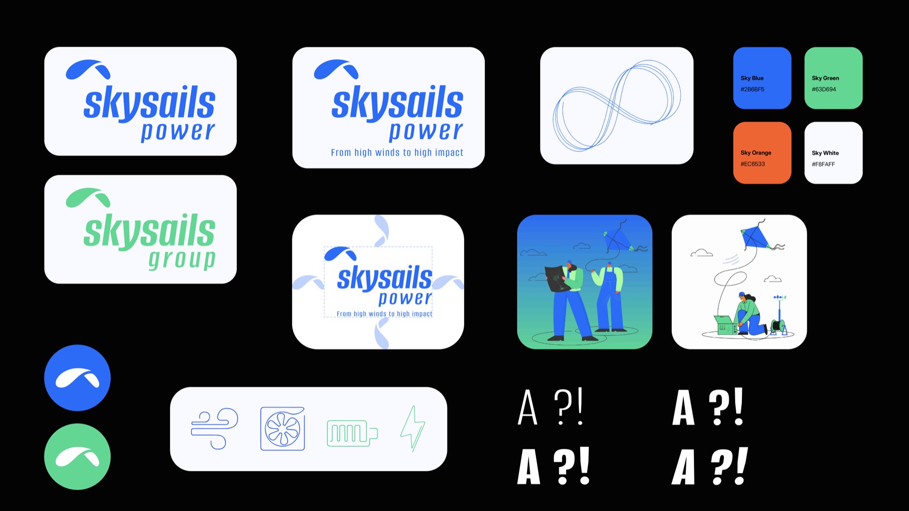 SkySails Power visual system, wordmarks, figure-of-eight flight path, colour palette, app icons, pictograms, illustrations and type