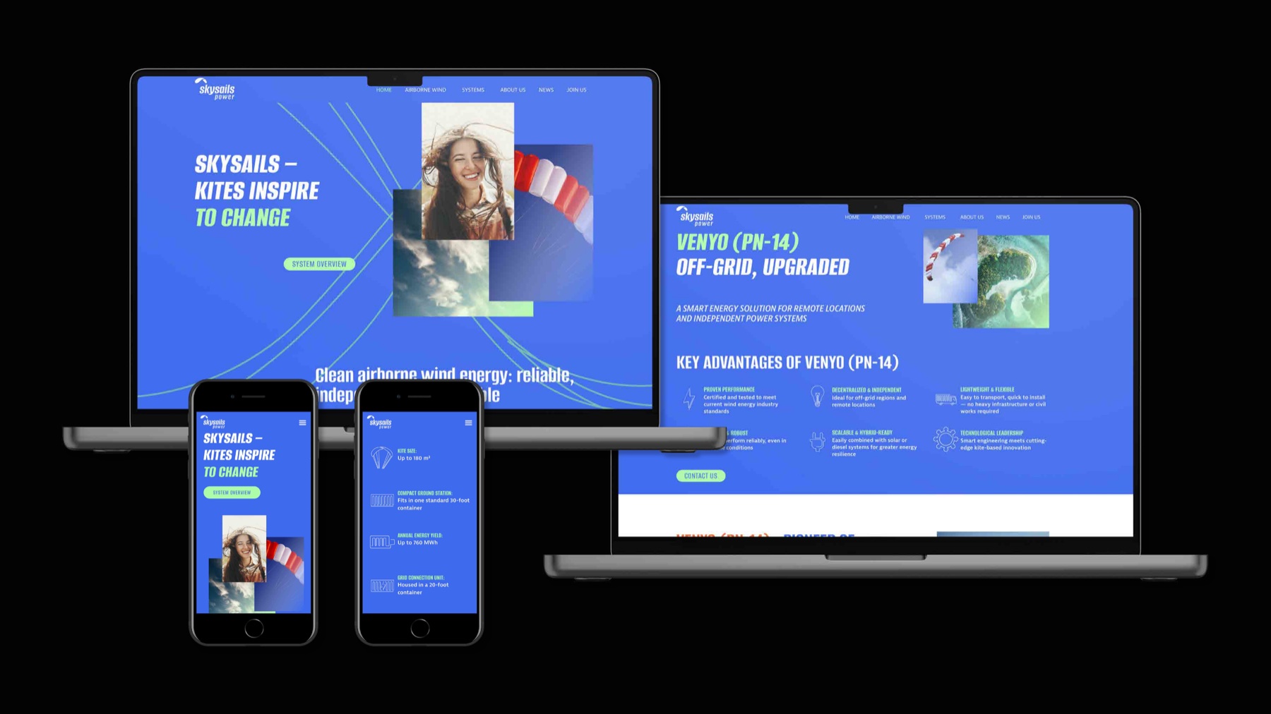 SkySails Power web design, landing page on MacBook and mobile, VENYO product subpage