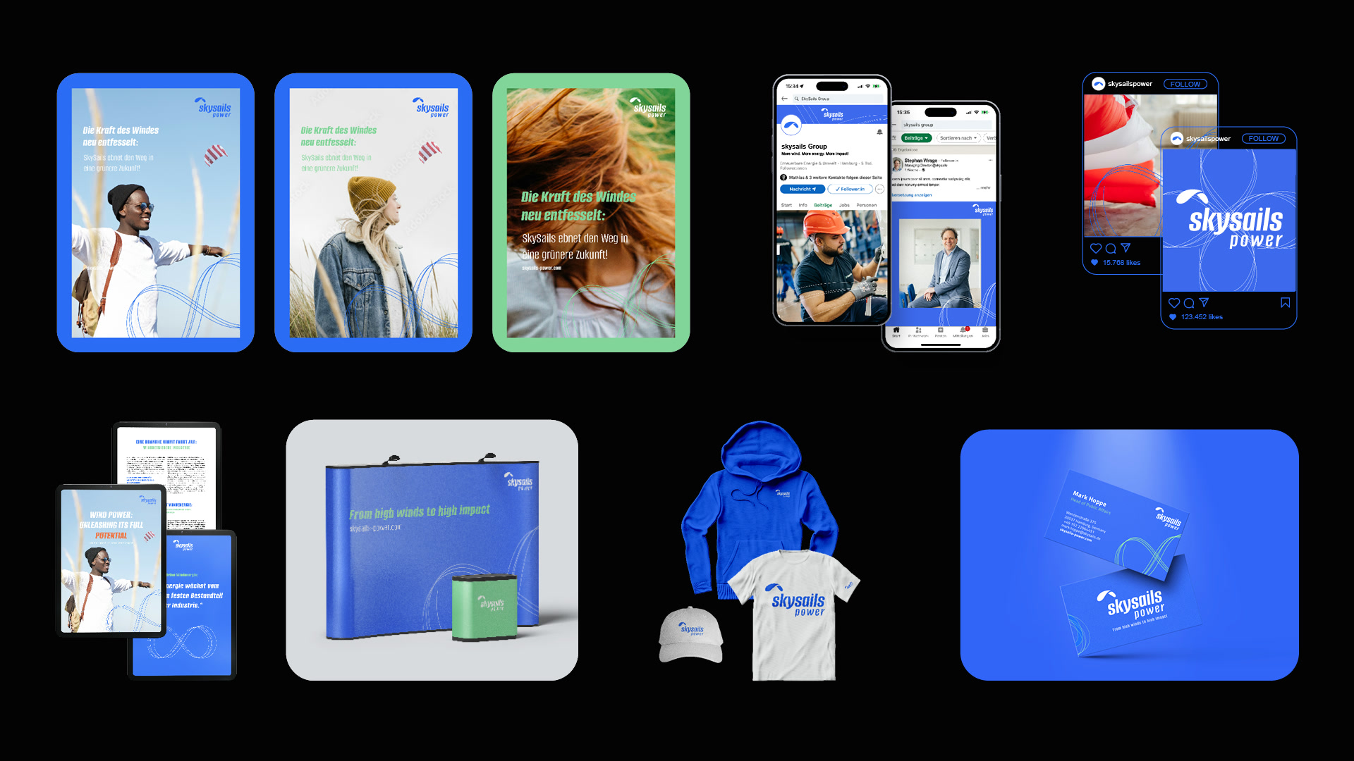 SkySails Power brand applications, posters, LinkedIn templates, trade-fair stand, apparel and whitepaper