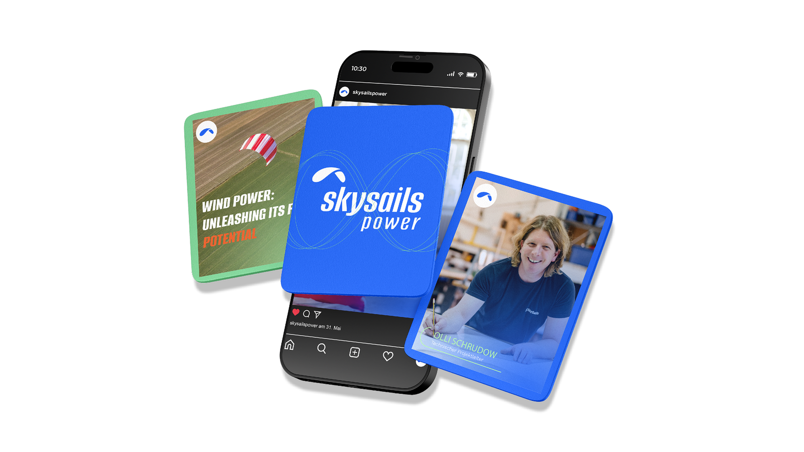 SkySails Power Instagram feed mockup, phone with three floating story cards