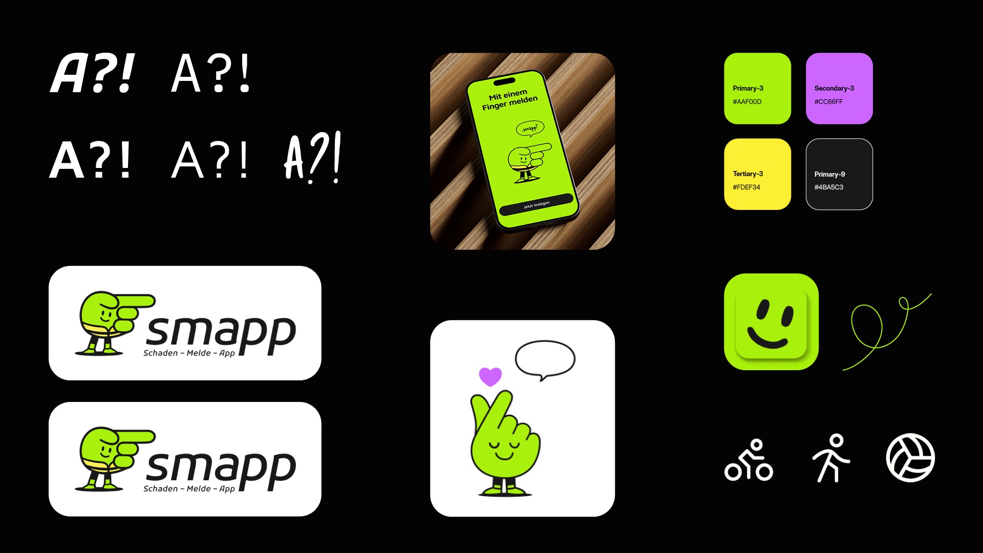 smapp visual system, typography, wordmark, character illustration, app icon, colour palette and pictograms