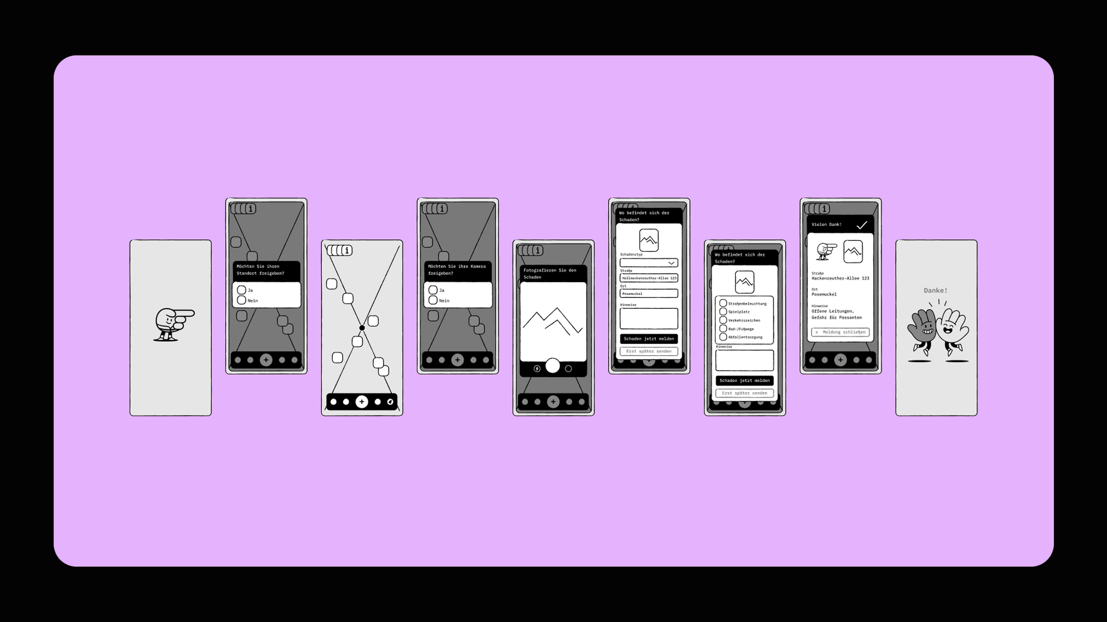 smapp lo-fi wireframes, eight screens of the core reporting flow
