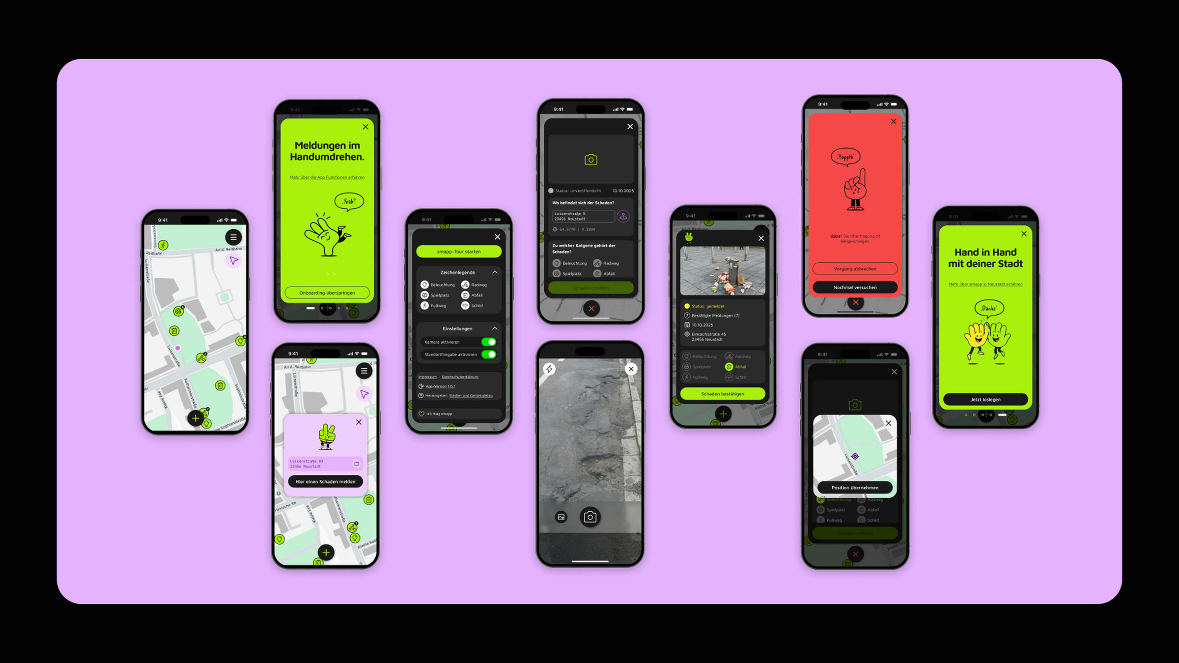 smapp hi-fi screens, ten finished screens of the reporting app