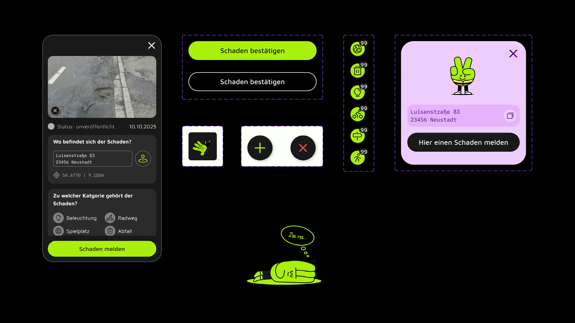 smapp UI components, cards, buttons, icons, badges and overlays