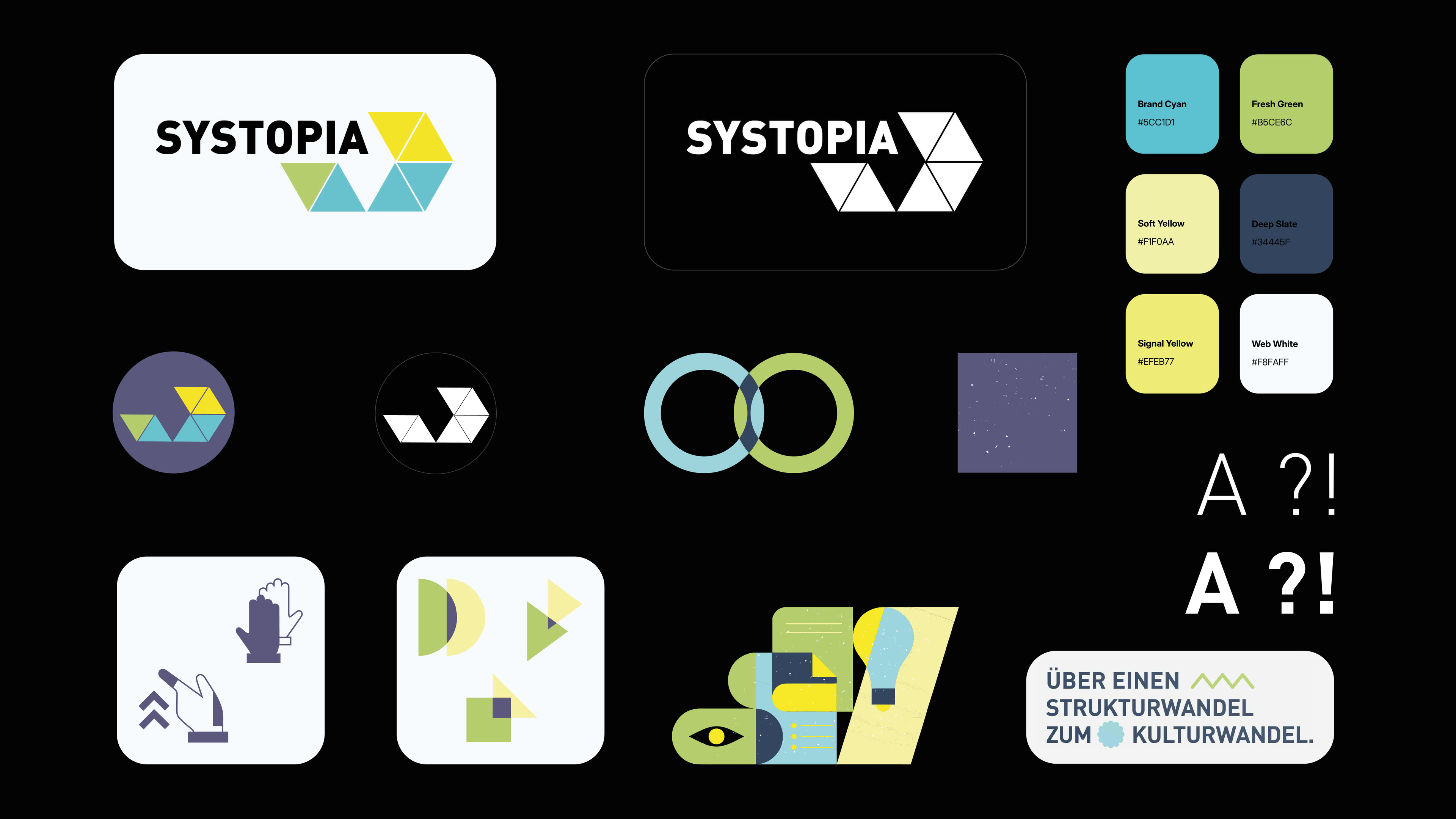Systopia visual system, wordmark, signet, pictograms, shapes, graphic, noise, illustration, colour palette and type