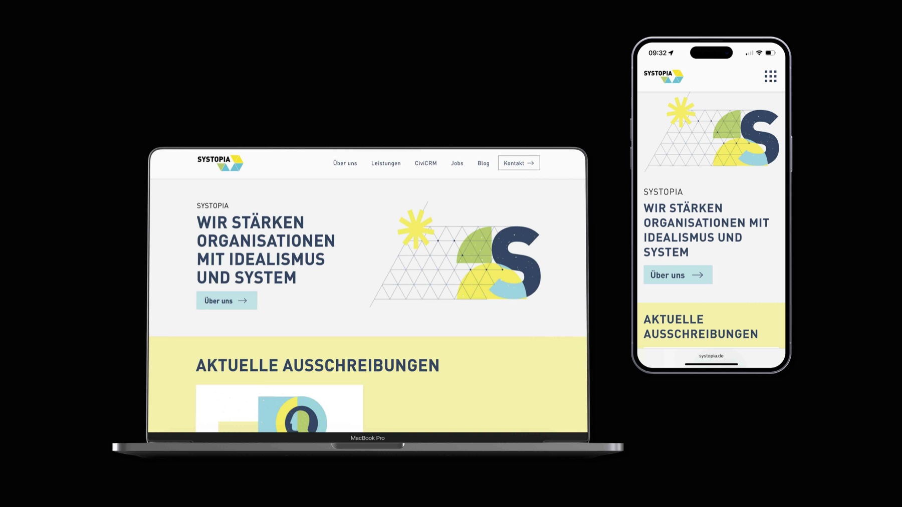 Systopia landing page, desktop and mobile mockups