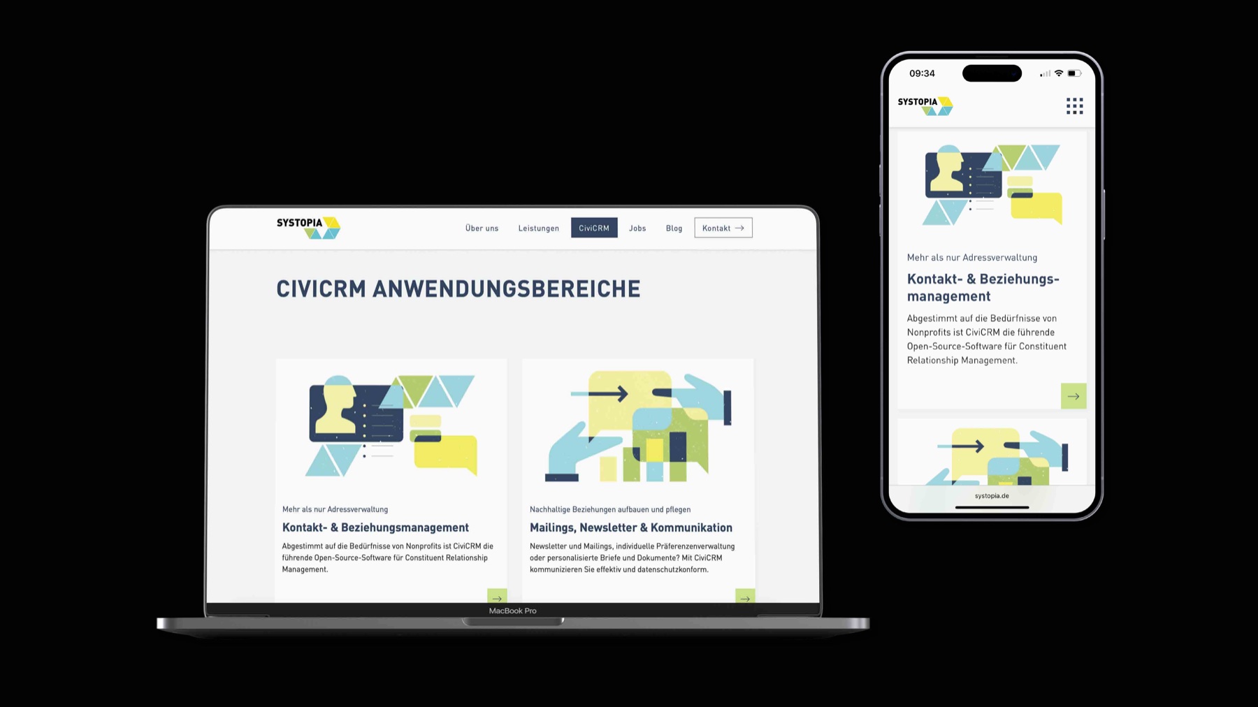 Systopia CiviCRM application areas page, desktop and mobile mockups