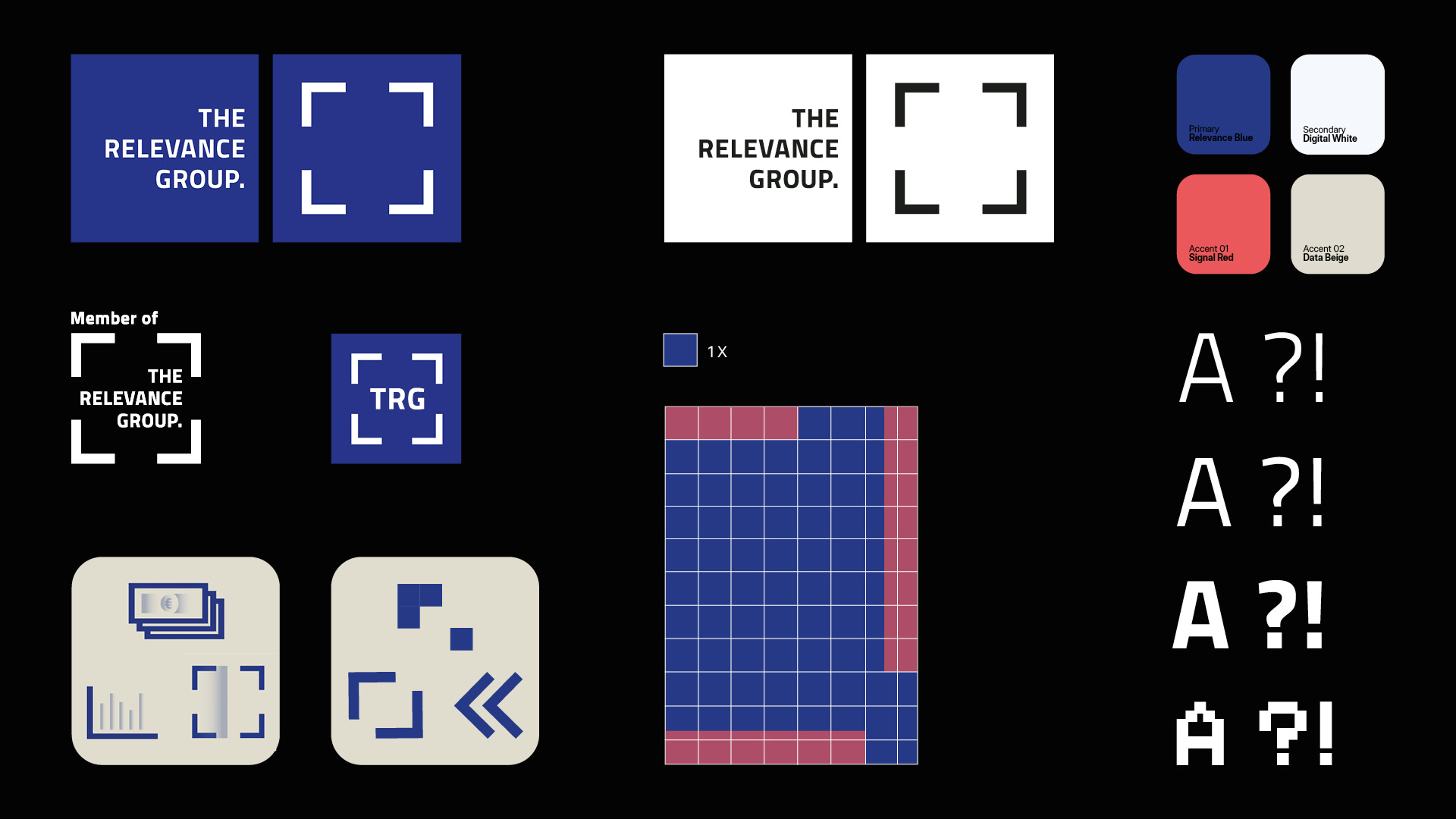 The Relevance Group styleguide with logo, partner logo, grid, colours and typography