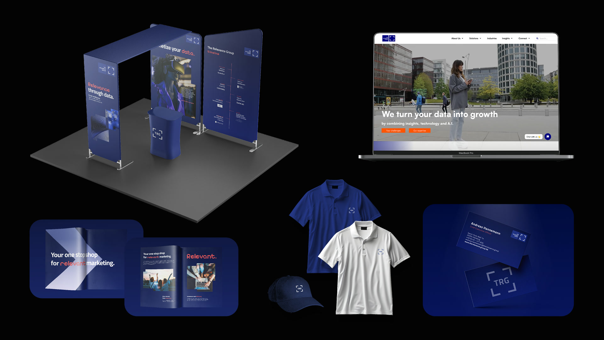 The Relevance Group applications including trade fair stand, website, magazine, merch and print