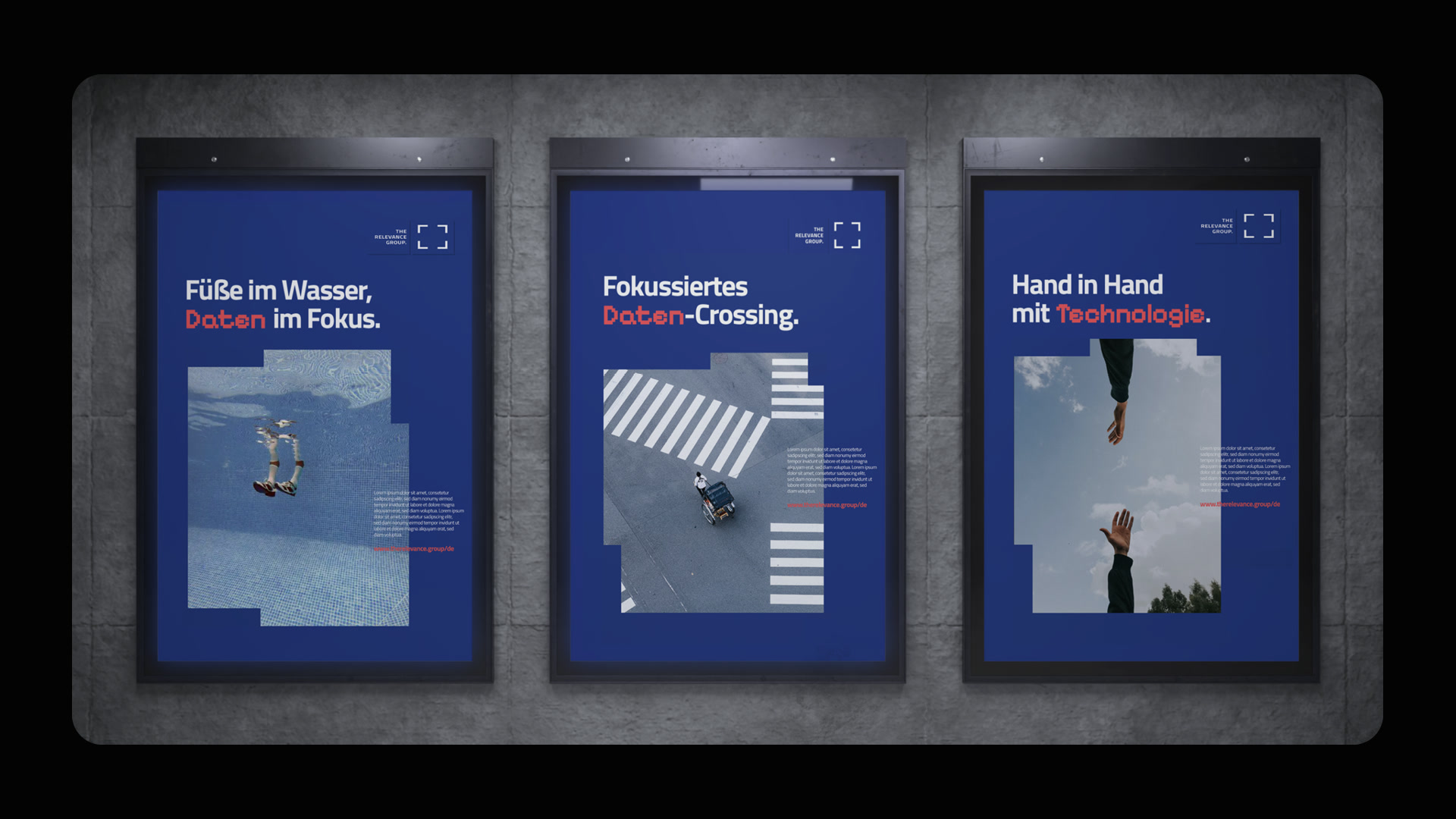 The Relevance Group CLP campaign: feet in the water data in focus, focused data crossing, hand in hand with technology