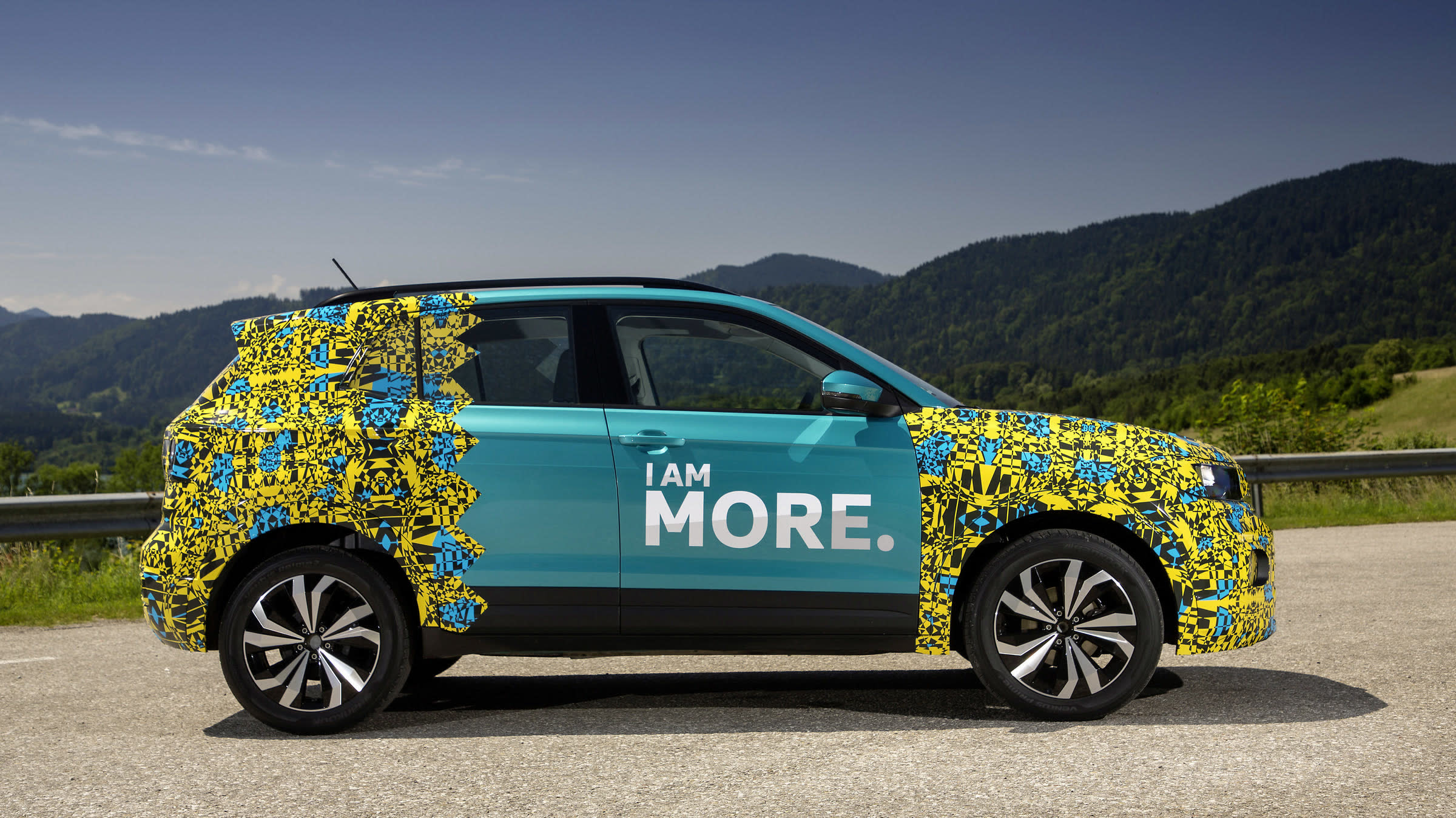 T-Cross pre-launch, yellow camo, side profile